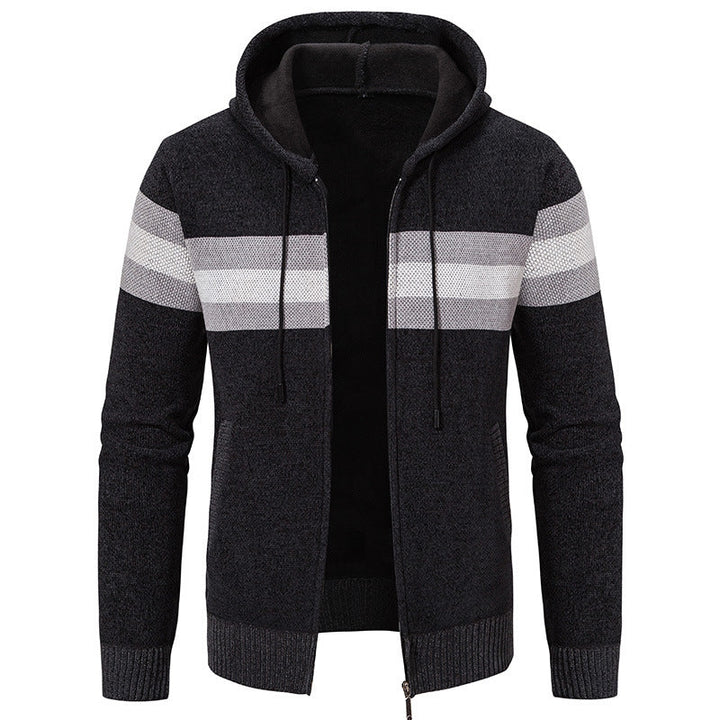 Men's hooded sweater jacket with full zip, contrast stripes, and side pockets Hudson & Parker