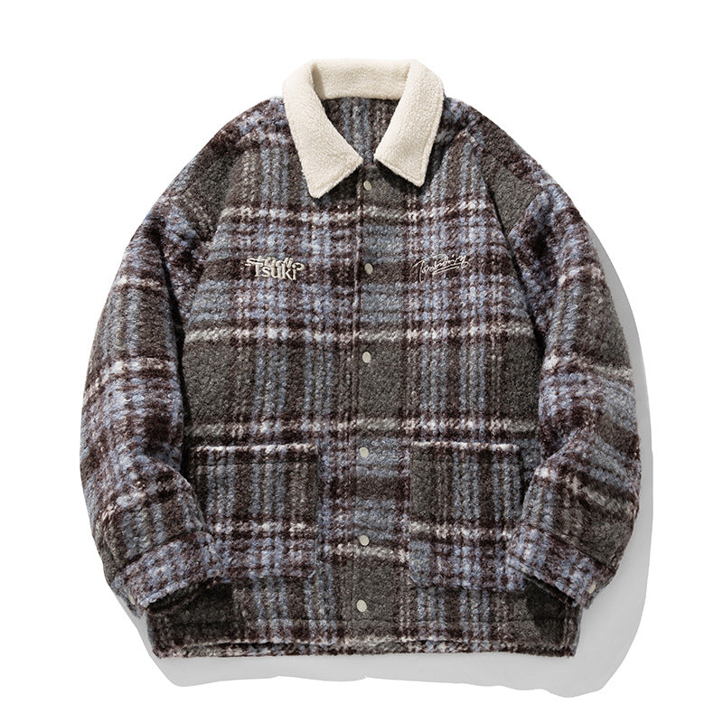 Unisex Cozy Teddy Fleece Shirt Jacket in Check Design with Snap Button Placket and Patch Pockets Hudson & Parker