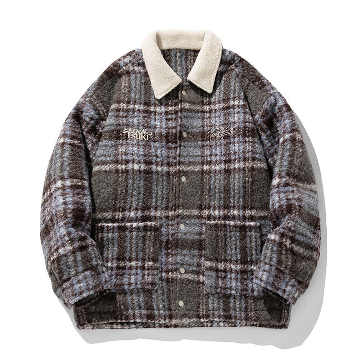 Unisex Cozy Teddy Fleece Shirt Jacket in Check Design with Snap Button Placket and Patch Pockets Hudson & Parker