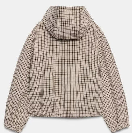 Women Checked Cropped Hoodie with Drawstring Hem and Two-Way Zip Hudson & Parker