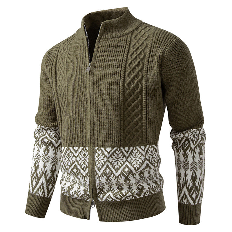 Men's High-Quality Norwegian Zip Cardigan with Cable Pattern and Stand-Up Collar Hudson & Parker