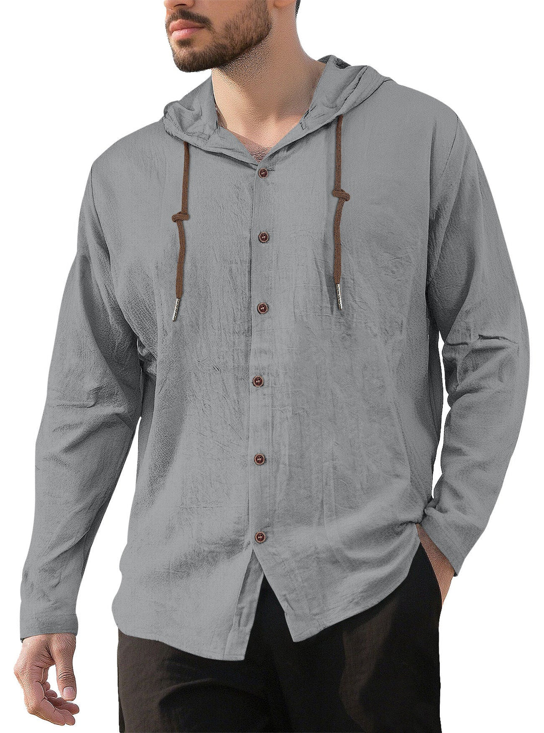 Men's textured linen blend hooded shirt with button placket, wood buttons, and side slits Hudson & Parker