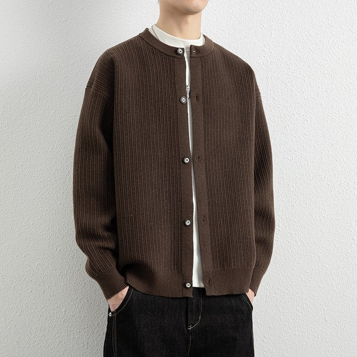 Men's Loose-Fit Structured Knit Cardigan with Round Neck and Button Placket Hudson & Parker