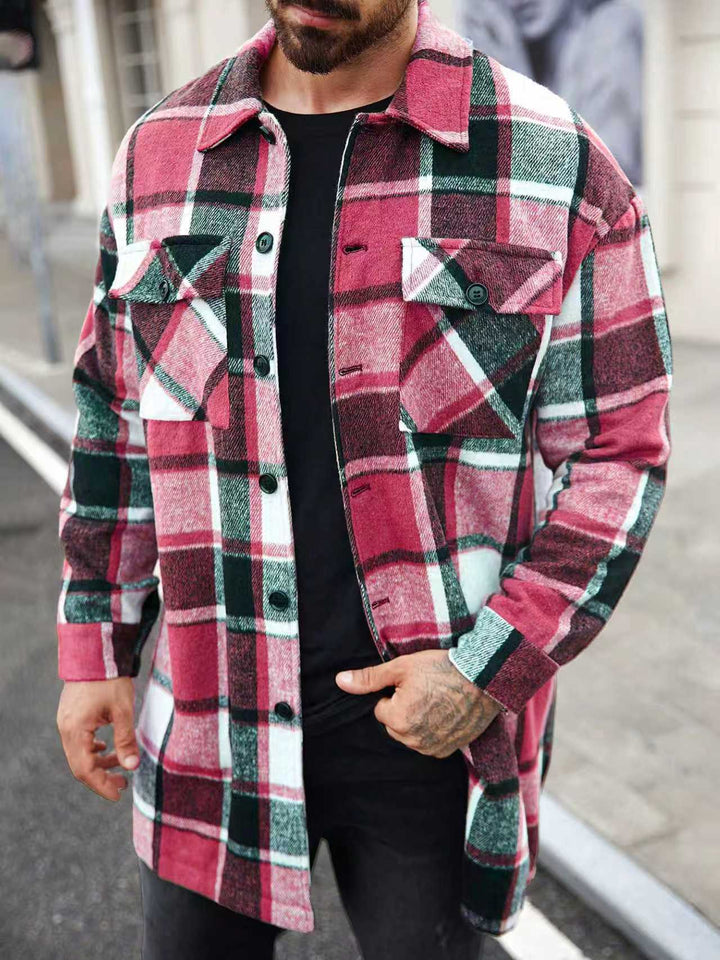 Men's checked longline overshirt with patch chest pockets and button placket Hudson & Parker
