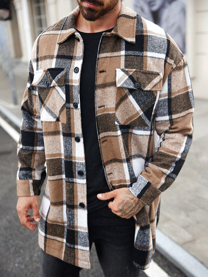 Men's checked longline overshirt with patch chest pockets and button placket Hudson & Parker