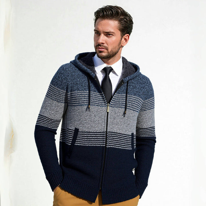 Men's hooded knit zip jacket with gradient block stripe pattern and thermal structure Hudson & Parker