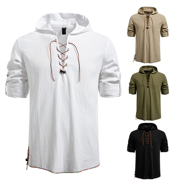 Men's Lightweight Hoodie Shirt with Decorative Lacing, Short Sleeve and Longline Cut Hudson & Parker