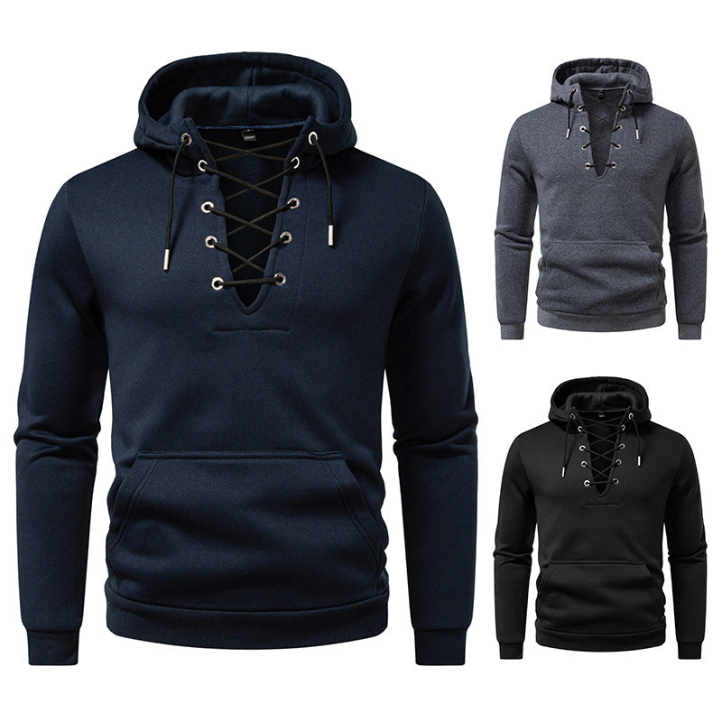 Men's hoodie in casual look with V-lacing, kangaroo pocket and ribbed cuffs Hudson & Parker