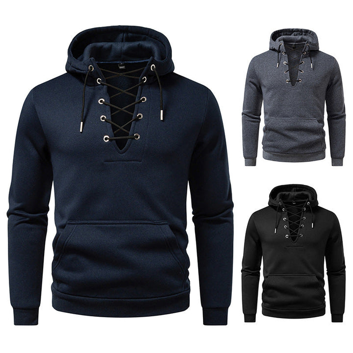 Men's hoodie in casual look with V-lacing, kangaroo pocket and ribbed cuffs Hudson & Parker