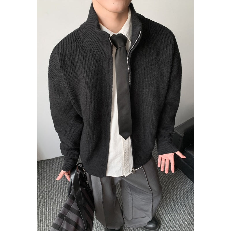 Men's chunky knit zip jacket with stand-up collar and straight oversized fit Hudson & Parker