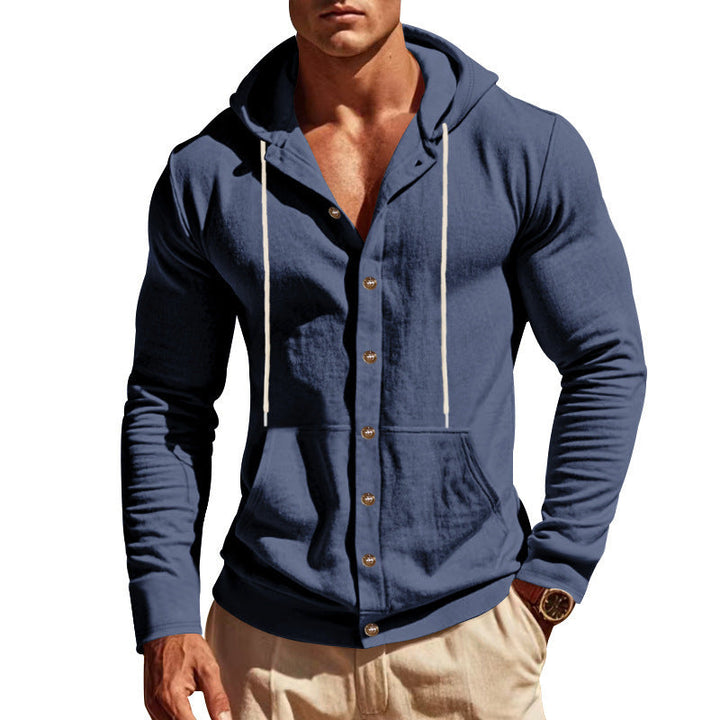 Men's slim-fit hoodie cardigan with full button placket, mounted kangaroo pocket, and lightweight structured knit Hudson & Parker