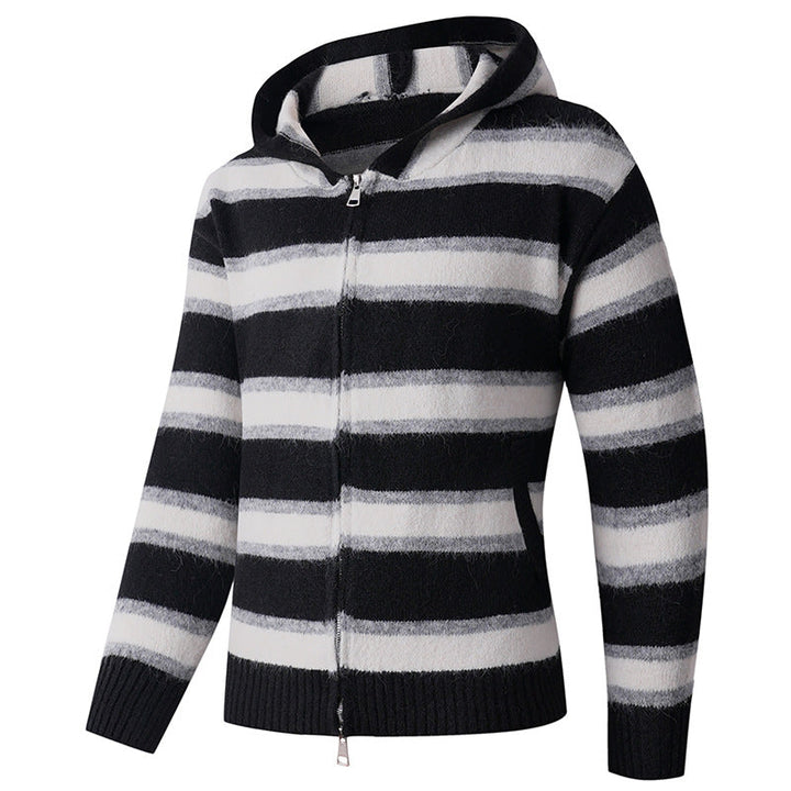 Men's Fluffy Hooded Cardigan with Double Zipper, Ribbed Cuffs and Horizontal Striped Pattern Hudson & Parker
