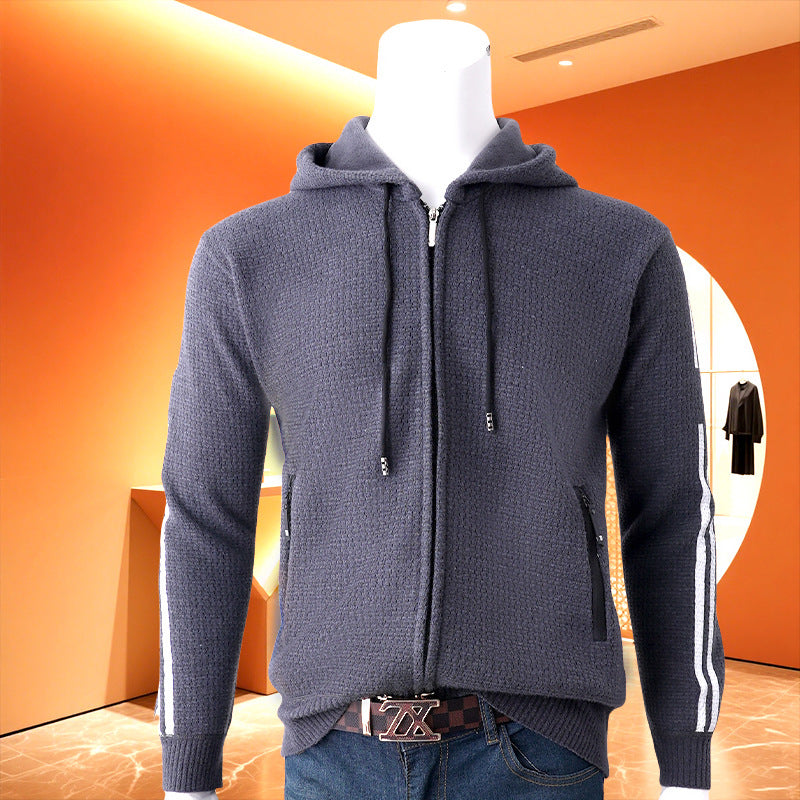 Men's hooded sweat jacket with zipper, textured knit, side pockets and contrast stripes Hudson & Parker