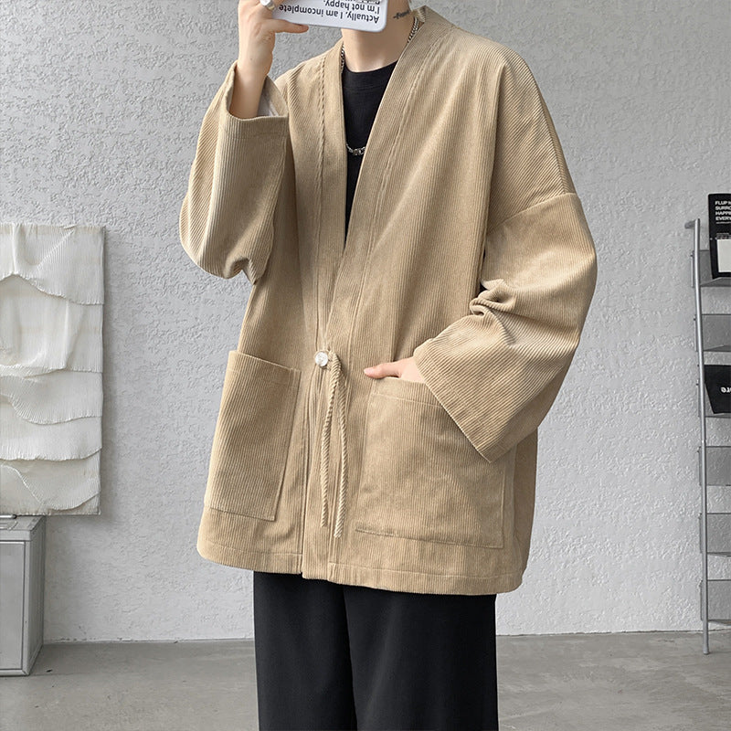 Men's oversized cord kimono cardigan with drawstring, patch pockets and drop sleeves Hudson & Parker