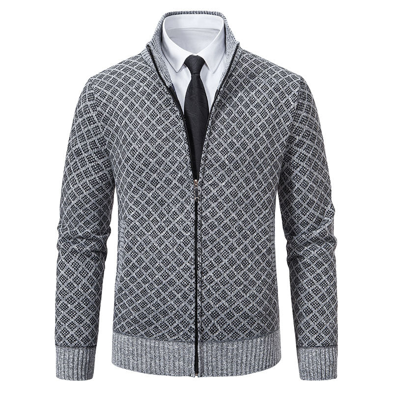 Men's Patterned Knit Zip Jacket with Stand-Up Collar, Jacquard Pattern and Ribbed Cuffs Hudson & Parker