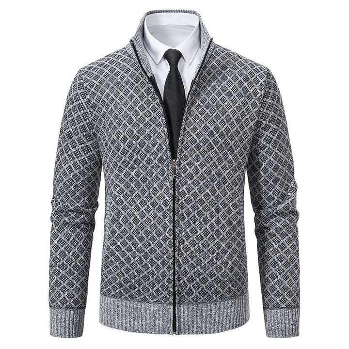 Men's Patterned Knit Zip Jacket with Stand-Up Collar, Jacquard Pattern and Ribbed Cuffs Hudson & Parker