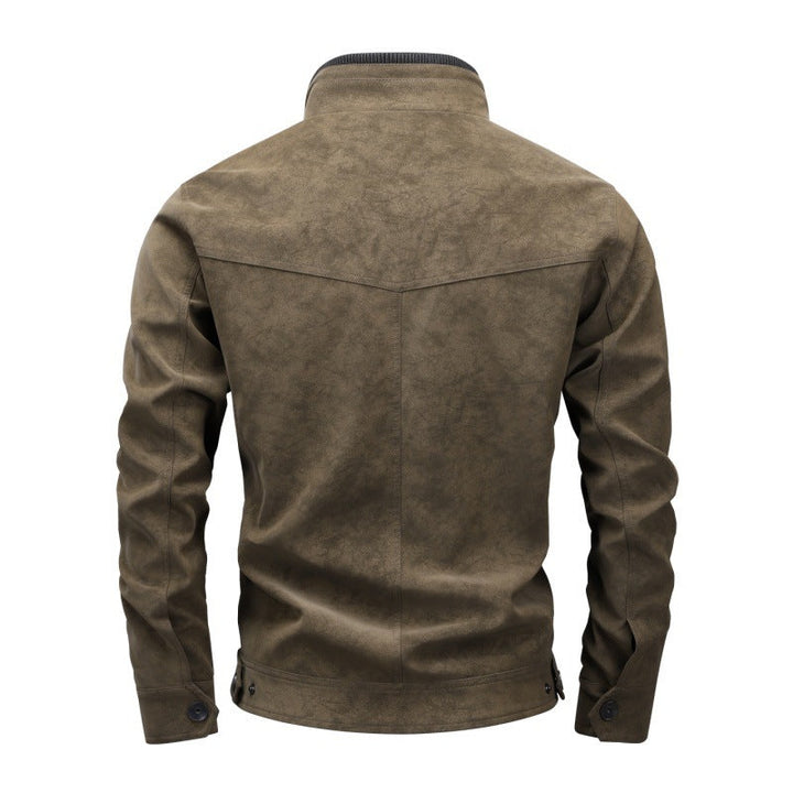 Men's Vintage Utility Faux Leather Jacket with Stand Collar and Multiple Pockets Hudson & Parker