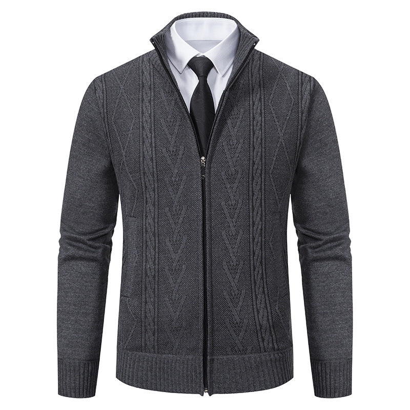 Men's fine-knit zip jacket with geometric jacquard pattern, stand-up collar, and side pockets Hudson & Parker