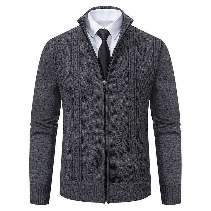 Men's fine-knit zip jacket with geometric jacquard pattern, stand-up collar, and side pockets Hudson & Parker