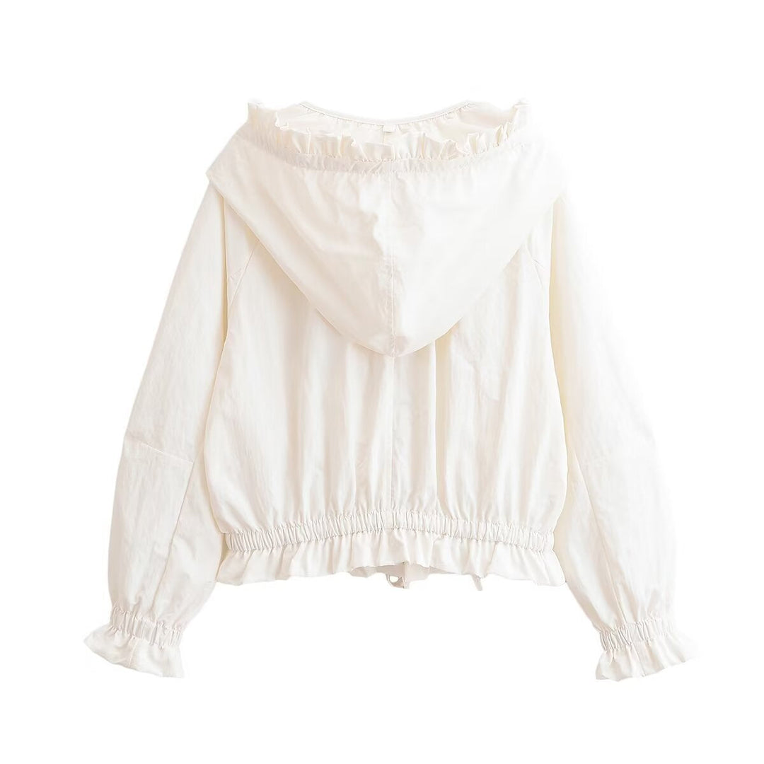 Women's Lightweight Hooded Jacket with Ruffled Collar, Drawstring and Elastic Hem Hudson & Parker