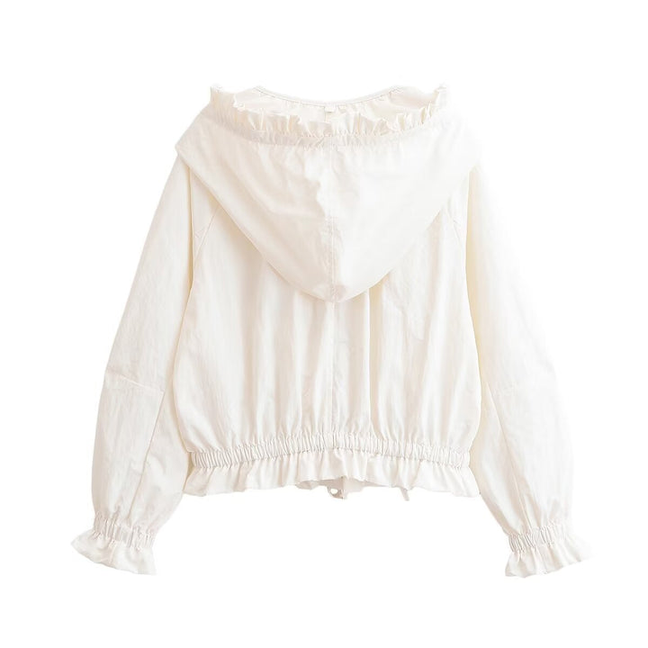 Women's Lightweight Hooded Jacket with Ruffled Collar, Drawstring and Elastic Hem Hudson & Parker