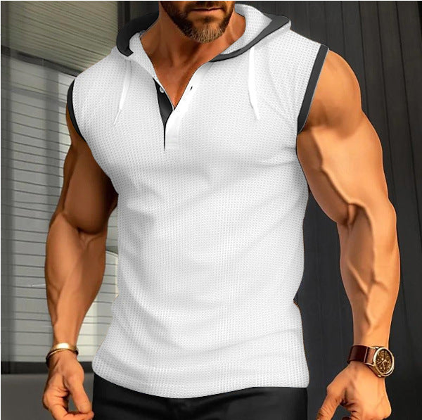 Men's sleeveless hoodie polo shirt with mesh structure and Henley button placket Hudson & Parker