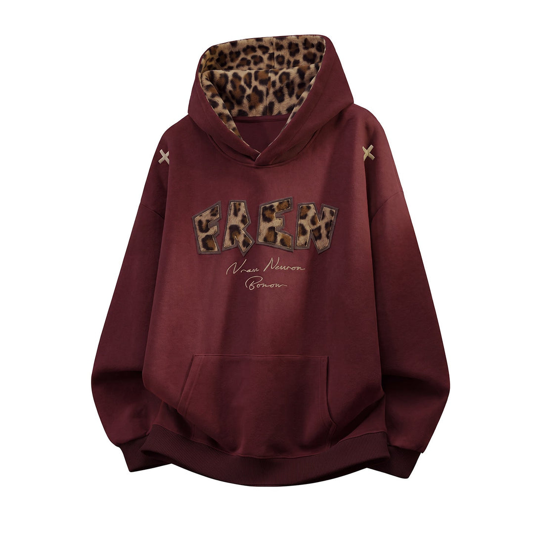 Ladies Oversize Hoodie with Lined Leopard Hood and Application Lettering Hudson & Parker