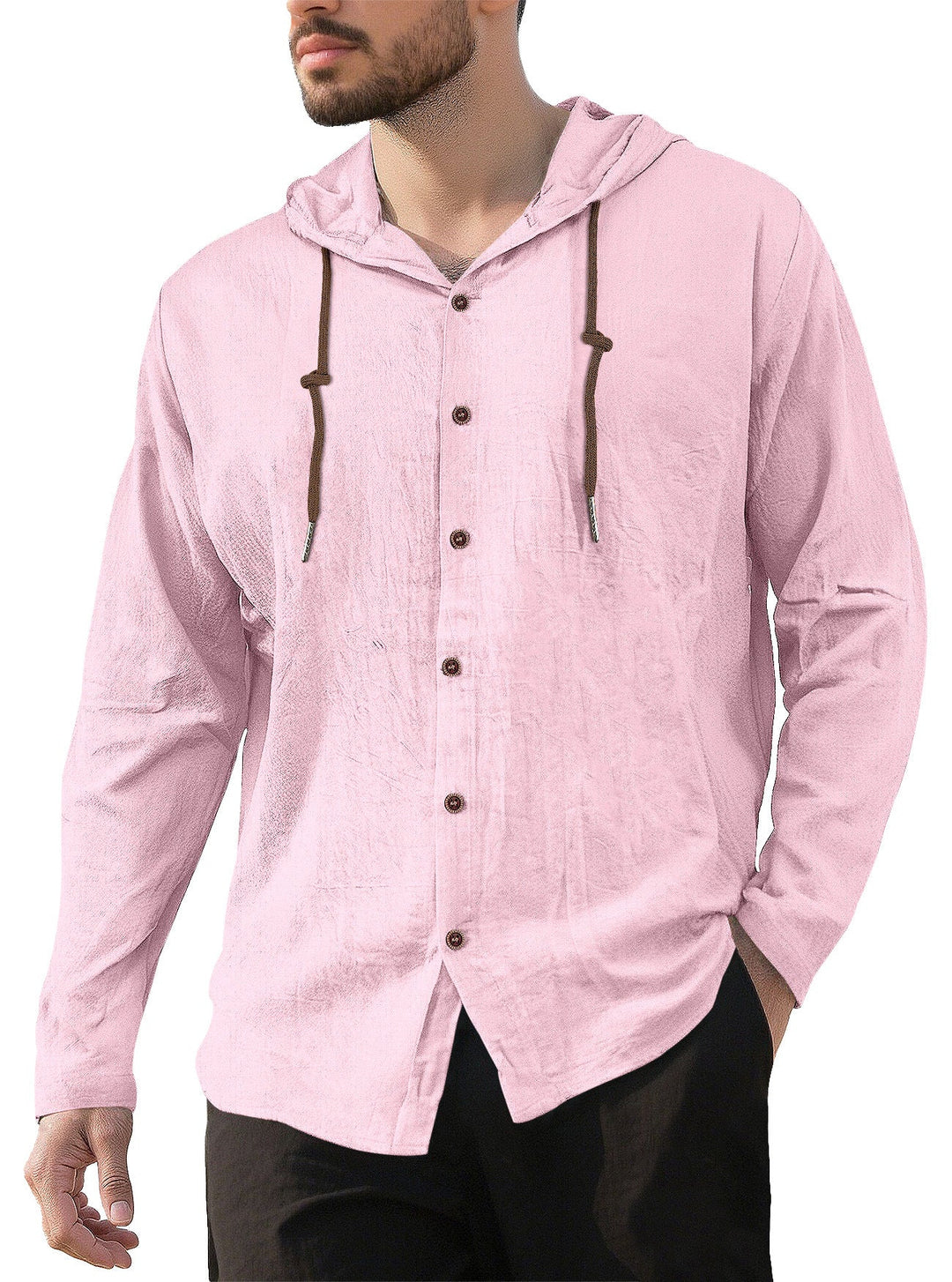 Men's textured linen blend hooded shirt with button placket, wood buttons, and side slits Hudson & Parker