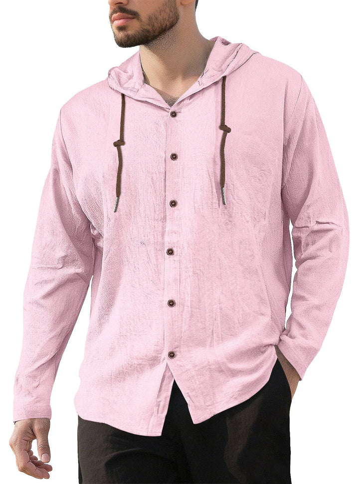 Men's textured linen blend hooded shirt with button placket, wood buttons, and side slits Hudson & Parker