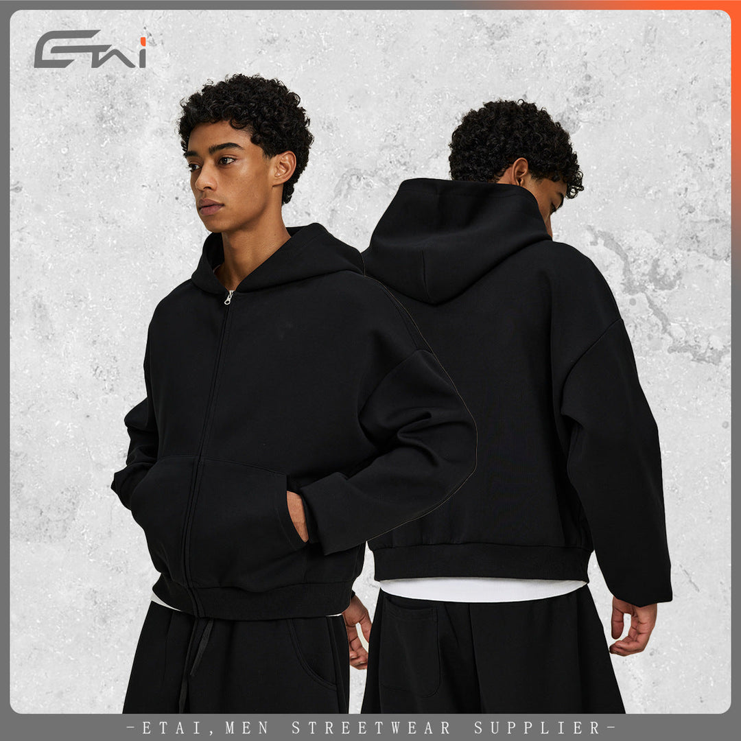 Unisex Boxy Hooded Jacket in Cropped Cut with Elastic Hem Hudson & Parker