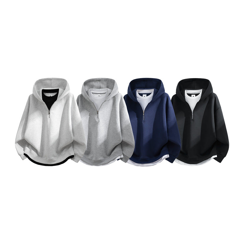 Unisex Oversize-Halfzip-Hooded Sweatshirt with Layered Look, Rounded Hem & Ribbed Cuffs Hudson & Parker