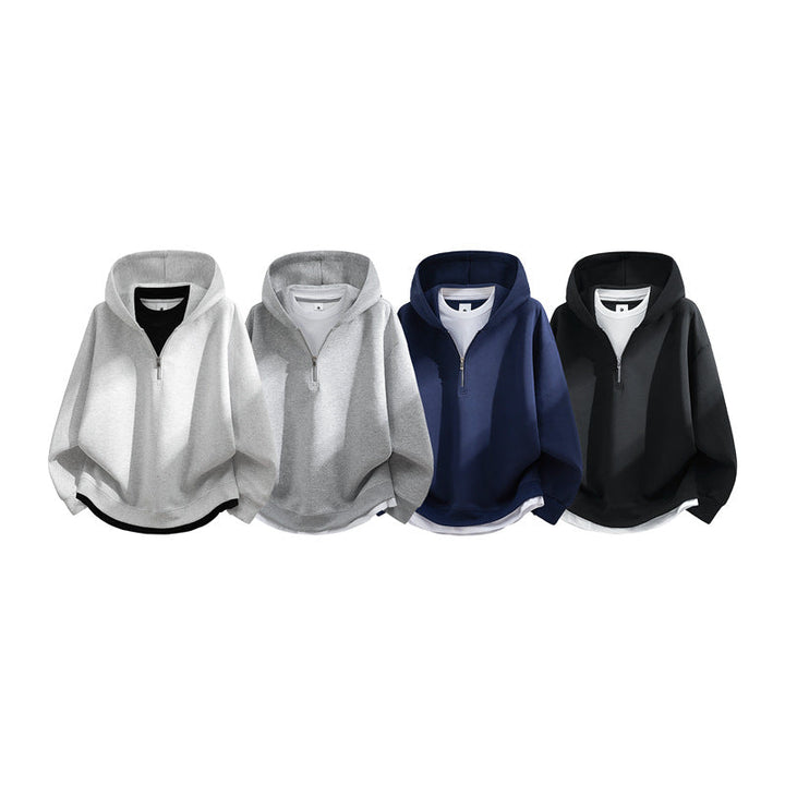 Unisex Oversize-Halfzip-Hooded Sweatshirt with Layered Look, Rounded Hem & Ribbed Cuffs Hudson & Parker