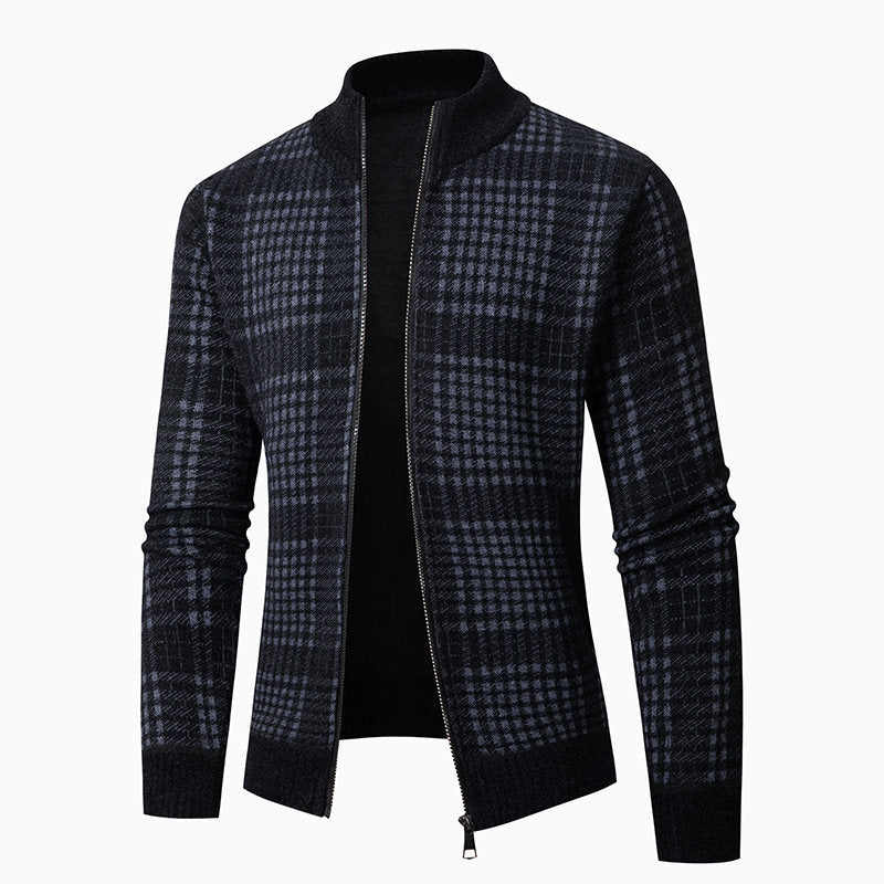 Men's fine knit zip cardigan with glencheck pattern, stand-up collar and two-way zipper Hudson & Parker