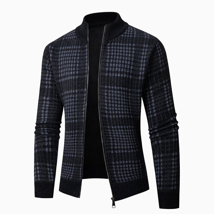 Men's fine knit zip cardigan with glencheck pattern, stand-up collar and two-way zipper Hudson & Parker
