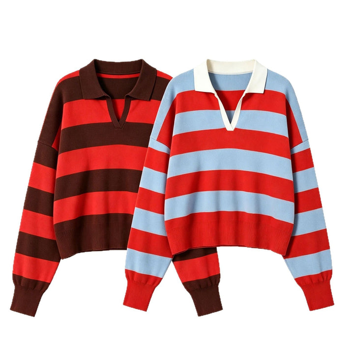 Women Cropped Oversize Rugby Pullover with Polo Collar and Deep V Neck Hudson & Parker
