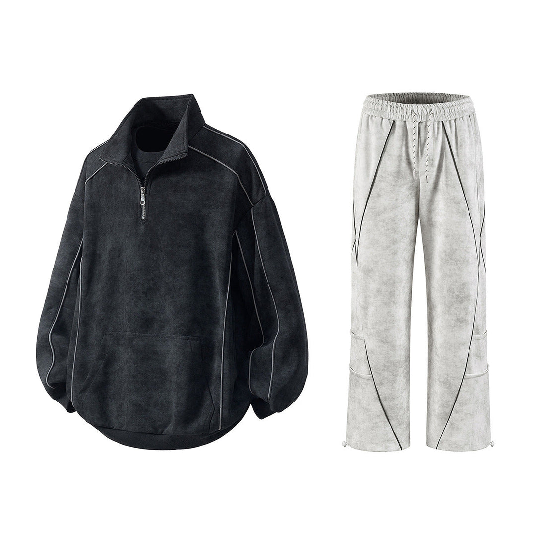 Men's Oversize Half-Zip Sweatshirt with Kangaroo Pocket, Contrast Piping and Balloon Sleeves Hudson & Parker