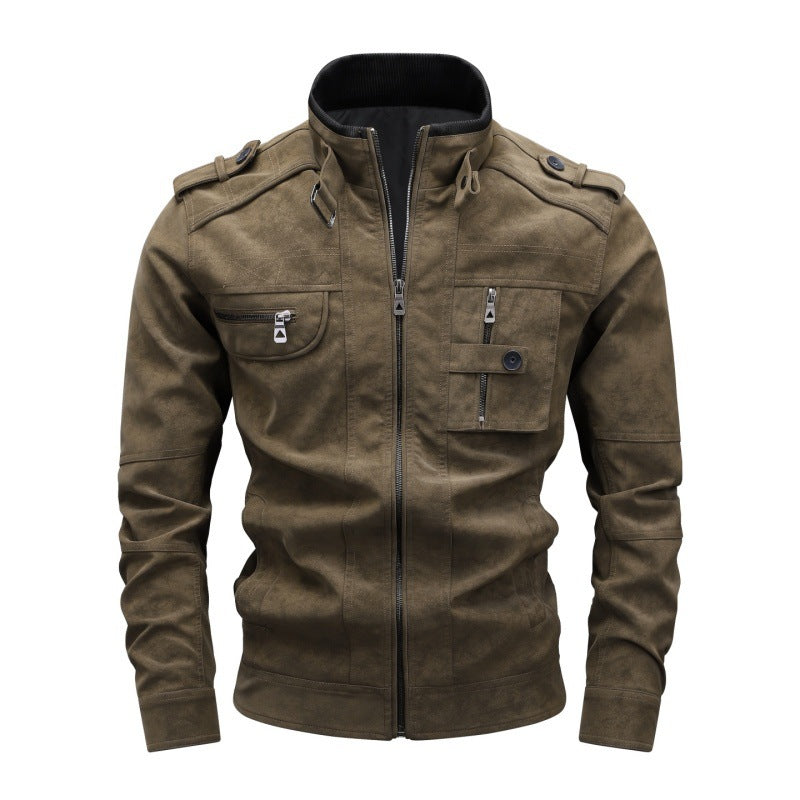 Men's utility faux leather jacket with stand-up collar, shoulder flaps, and multiple chest pockets Hudson & Parker