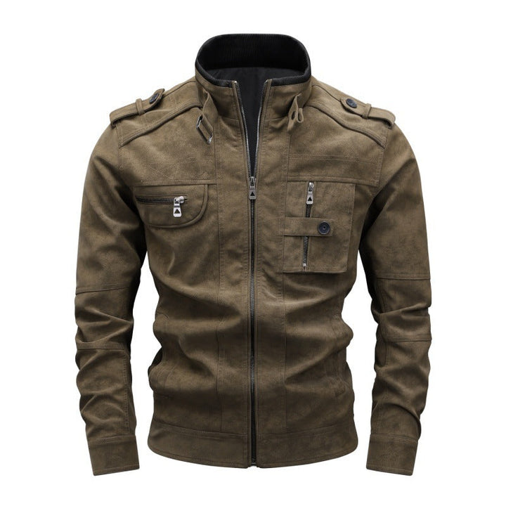 Men's utility faux leather jacket with stand-up collar, shoulder flaps, and multiple chest pockets Hudson & Parker