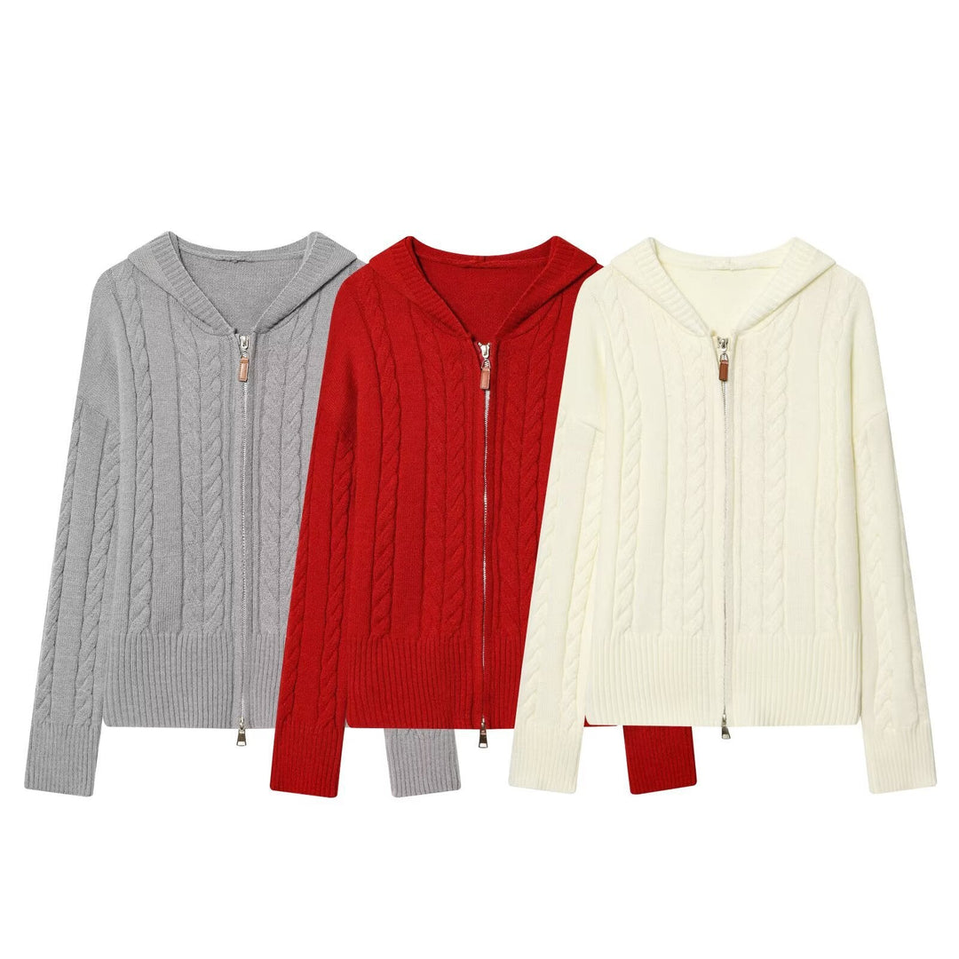 Ladies hooded cardigan with cable knit pattern and metal zipper Hudson & Parker