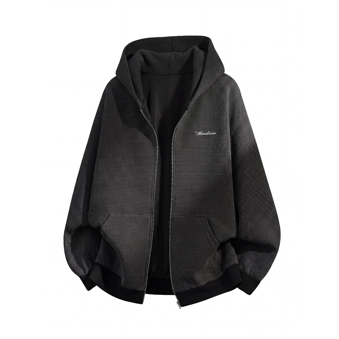 Unisex Oversize Hoodie Zipper Jacket with Houndstooth Pattern and Ribbed Cuffs Hudson & Parker