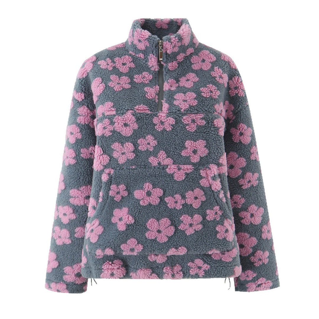 Ladies Teddy Fleece Hooded Jacket with Stand-up Collar, Floral Relief and Half Zip Hudson & Parker