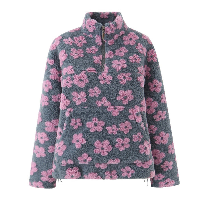 Ladies Teddy Fleece Hooded Jacket with Stand-up Collar, Floral Relief and Half Zip Hudson & Parker