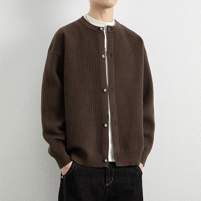Men's Loose-Fit Structured Knit Cardigan with Round Neck and Button Placket Hudson & Parker