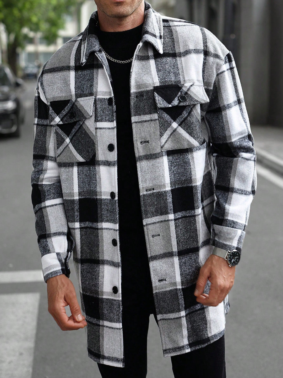Men's checked longline overshirt with patch chest pockets and button placket Hudson & Parker