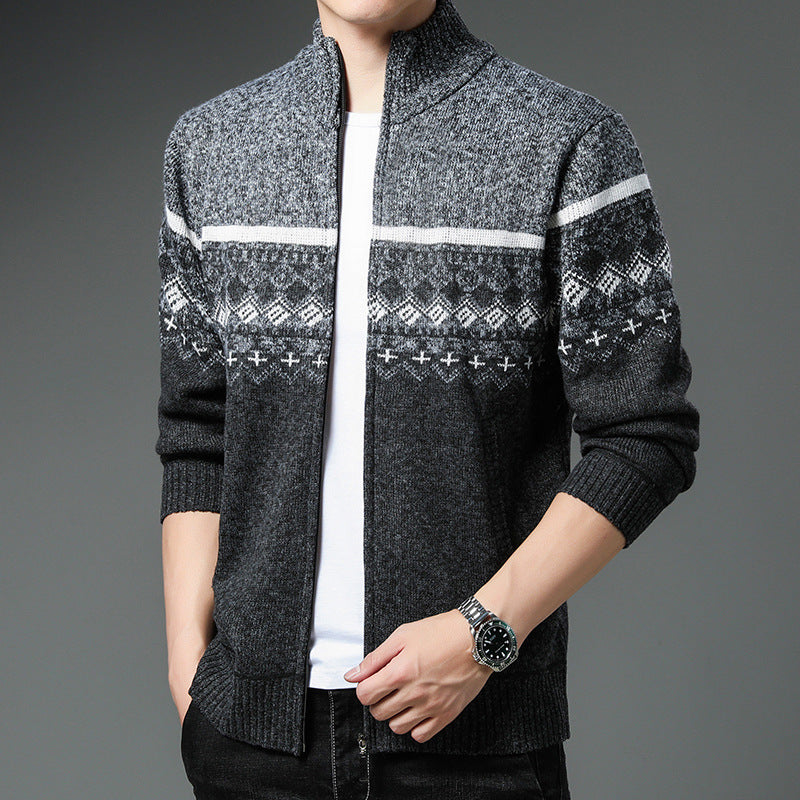 Men's Norwegian Pattern Cardigan with Full Zip and Stand-Up Collar Hudson & Parker