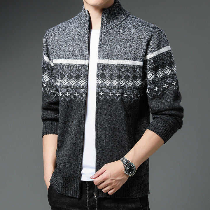Men's Norwegian Pattern Cardigan with Full Zip and Stand-Up Collar Hudson & Parker
