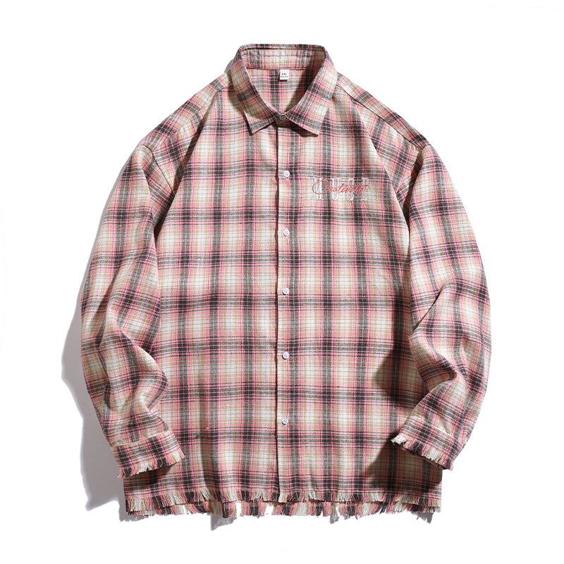 Unisex Overshirt in check look with fringed hem, chest embroidery and button placket Hudson & Parker