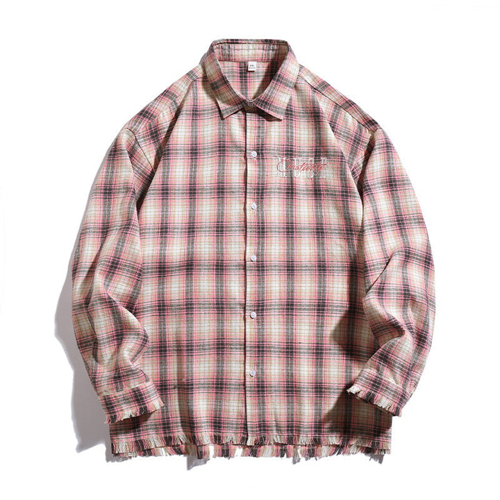 Unisex Overshirt in check look with fringed hem, chest embroidery and button placket Hudson & Parker