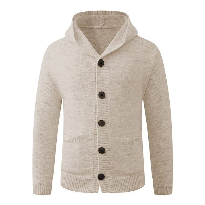 Men's hooded knitted cardigan made of thermal fine knit with a continuous button placket and side pockets Hudson & Parker