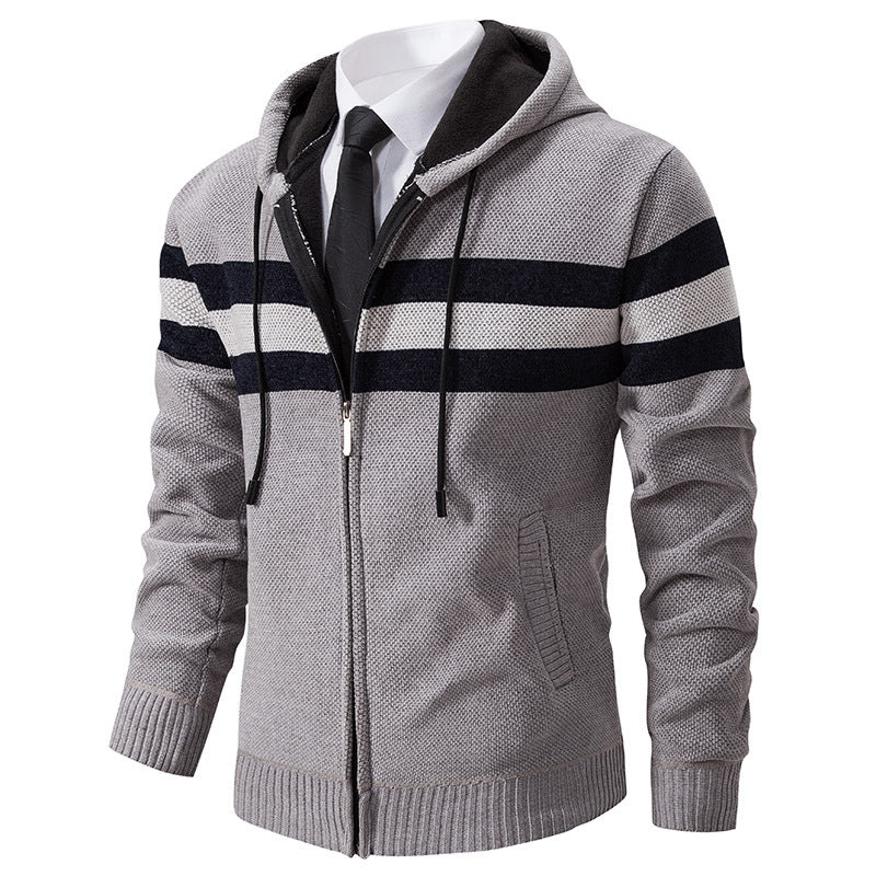 Men's Knitted Hooded Cardigan with Contrast Stripes and Zipper Hudson & Parker